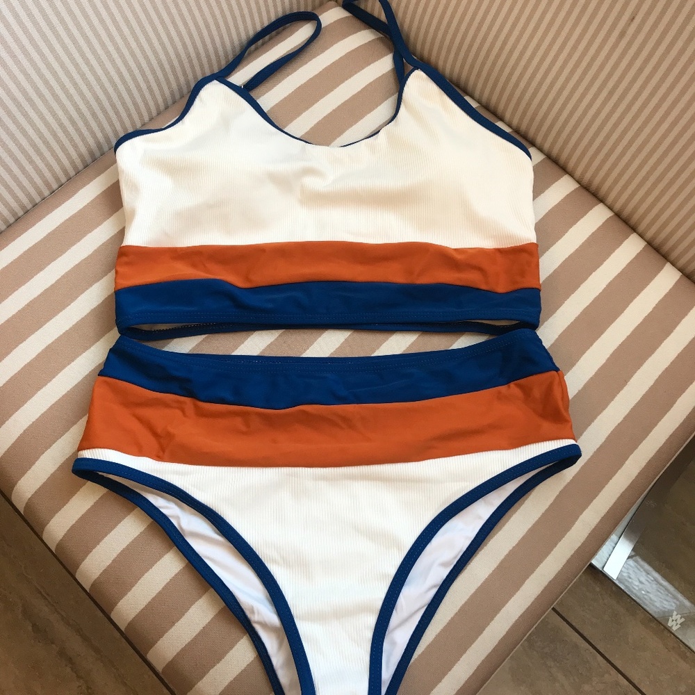 White, burnt orange and dark blue bikini